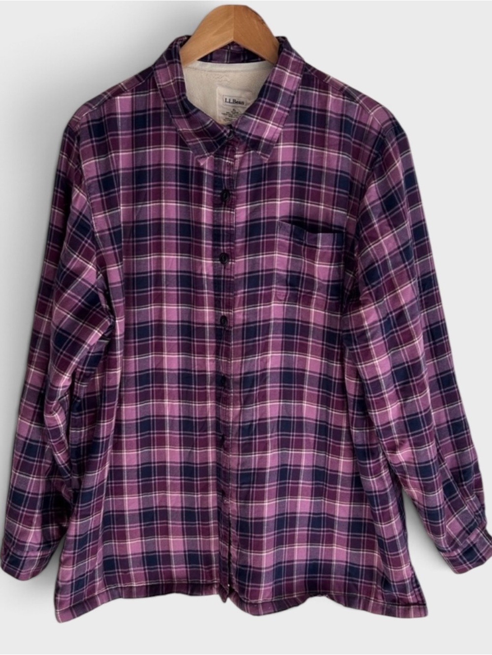 L.L. Bean Fleece Lined Purple Plaid Button-Down Flannel Shirt Jacket